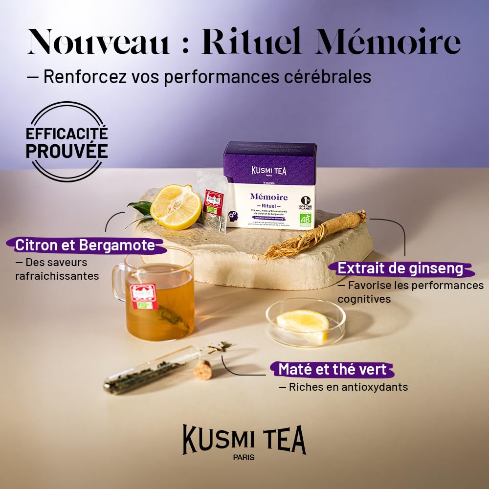 Kusmi Tea - Rituel Mémoire - Thé Vert, Maté Bio - Enrichi en extrait de Ginseng - Arômes Naturels de Citron et de Bergamote - Boîte Thé Métal 100g - Quantité pour environ 50 Tasses