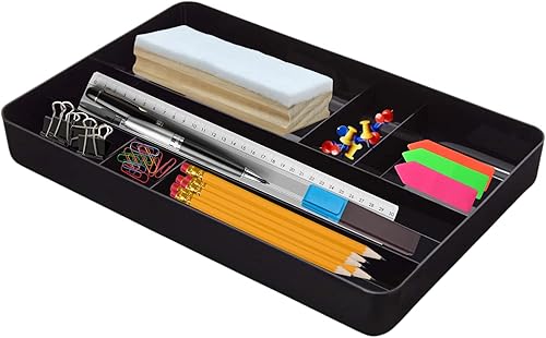 1InTheOffice Organizador de bandeja de cajón de escritorio, bandeja de 7 compartimentos, organizadores de cajones de plástico, color negro, 14.13