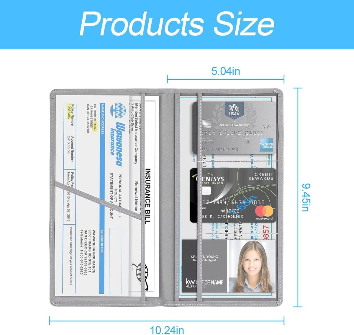 LOSIF Car Insurance and Registration Holder, Vehicle Documents Wallet Case, Car Card Holder with Magnetic for Documents, ID Cards, License, Universal Car Accessories (Gray) 1