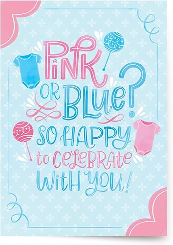 Designer Greetings Tarjetas de revelación de género para bebés bonito diseño de accesorios de bebé rosa y azul (6 tarjetas con sobres)