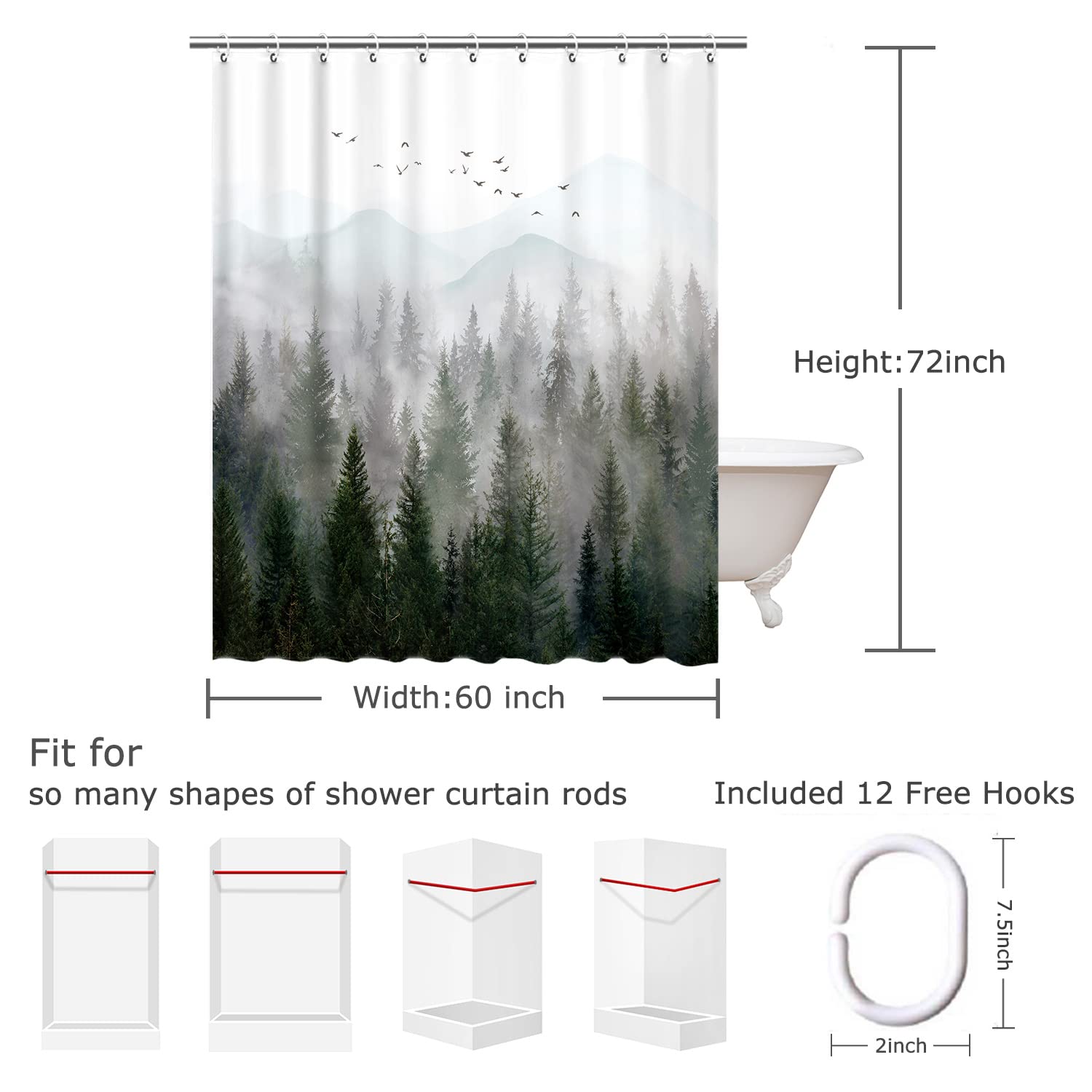 RosieLily Tenda Da Doccia Con Foresta Nebbiosa E Pineta - 180x210 Cm - Tessuto Impermeabile Con Paesaggio Naturale Per Bagno - Include 12 Ganci