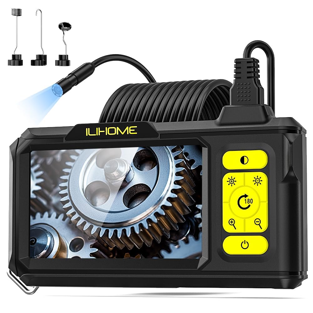 Telecamera endoscopio a doppia lente con luce ILIHOME industriale, telecamera di ispezione 4,3 HD IPS, schermo impermeabile, telecamera a serpente, canale endoscopio con 8 + 1 LED luce 5 m