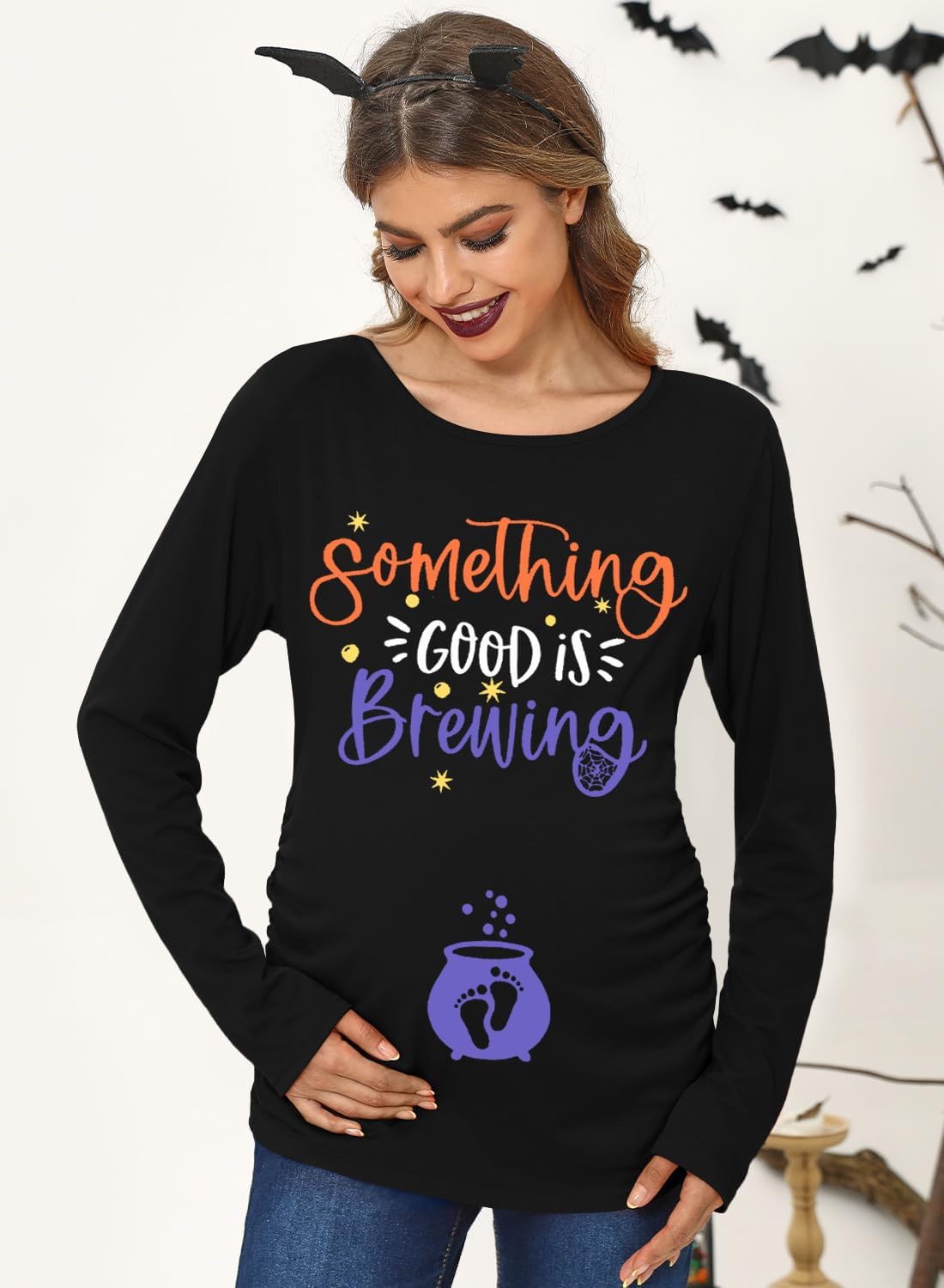 For G and PL Halloween Womens Maternity Pregnancy Pregnant Costume Long Sleeve Couple Shirt Something Good is Brewing S - Image 5