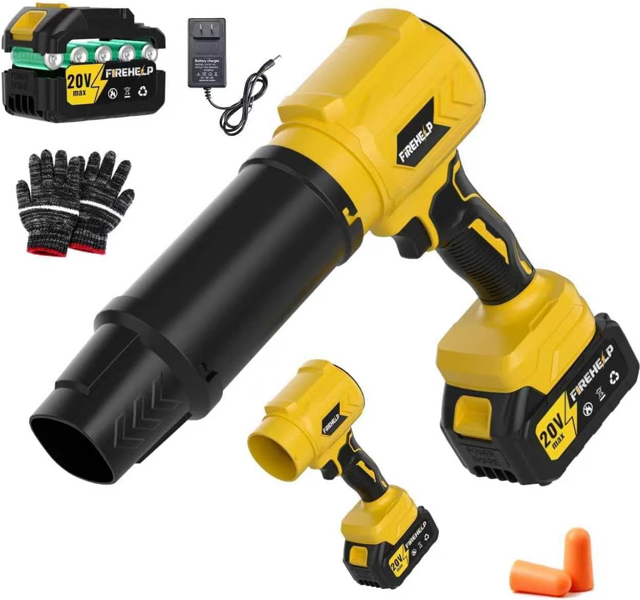 Cordless Turbo Jet Blower, 550CFM 120MPH, Portable Leaf Blower with 2 Batteries & 2 Extended Nozzles (Green) (yellow2b)