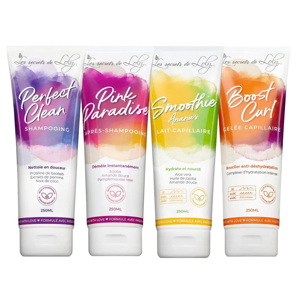 Les Secrets de Loly – Routine Cheveux Frisés – Coffret 4 Étapes : Shampooing, Après-Shampooing, Lait Smoothie Ananas & Gelée Boost Curl – Structure & Hydratation – Vegan 97% Naturel – 4 x 250 ml