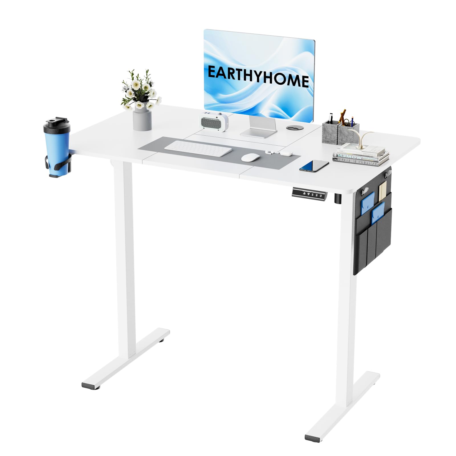 Escritorio elevable,con Altura Ajustable, Escritorio eléctrico con Altura Ajustable, 120 x 60 cm, función de Memoria de 3 Posiciones, con gestión de Cables y Ganchos.