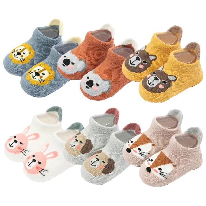 6 Pairs Toddler Boy Girl Cartoon Animal Non Slip Indoor Socks