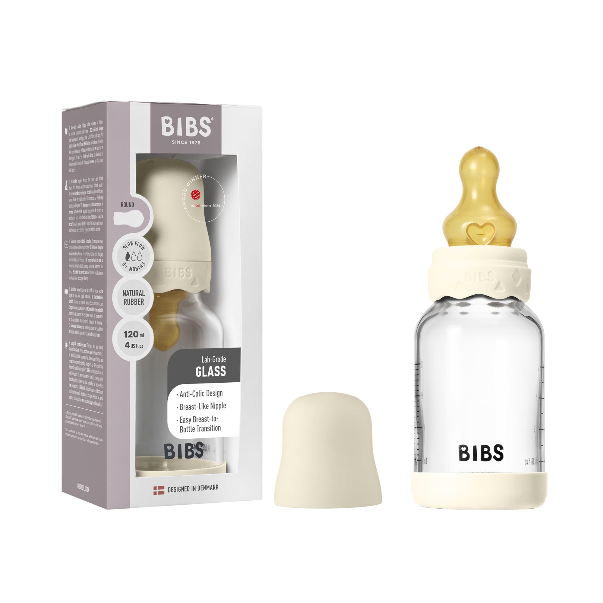 Photo 1 of BIBS Boheme Baby Glass Bottle 4 oz /120 ml. Anti-Colic. Round Natural Rubber Latex Nipple. Supports Natural Breastfeeding - Ivory