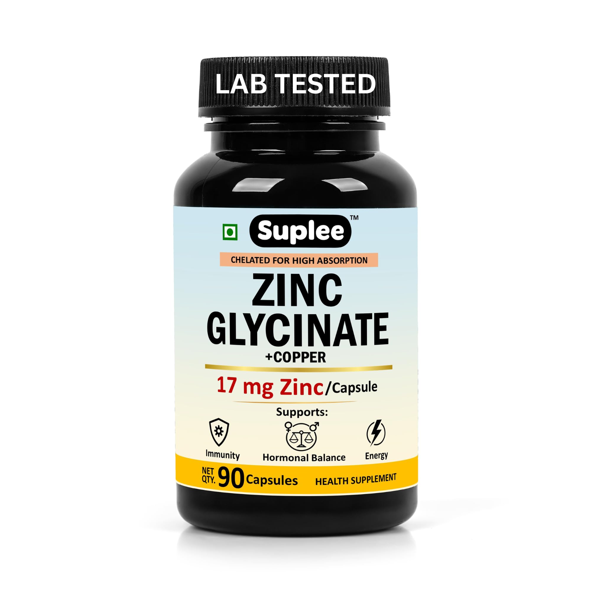 [BRSRGGQOAUFAMADG] Suplee Zinc Glycinate with Copper Supplement | 17mg Zinc & 1.7mg Copper | High Absorption Chelated Formula for Immunity, Skin & Muscle Health | 90 Veg Capsules (Lab Tested)