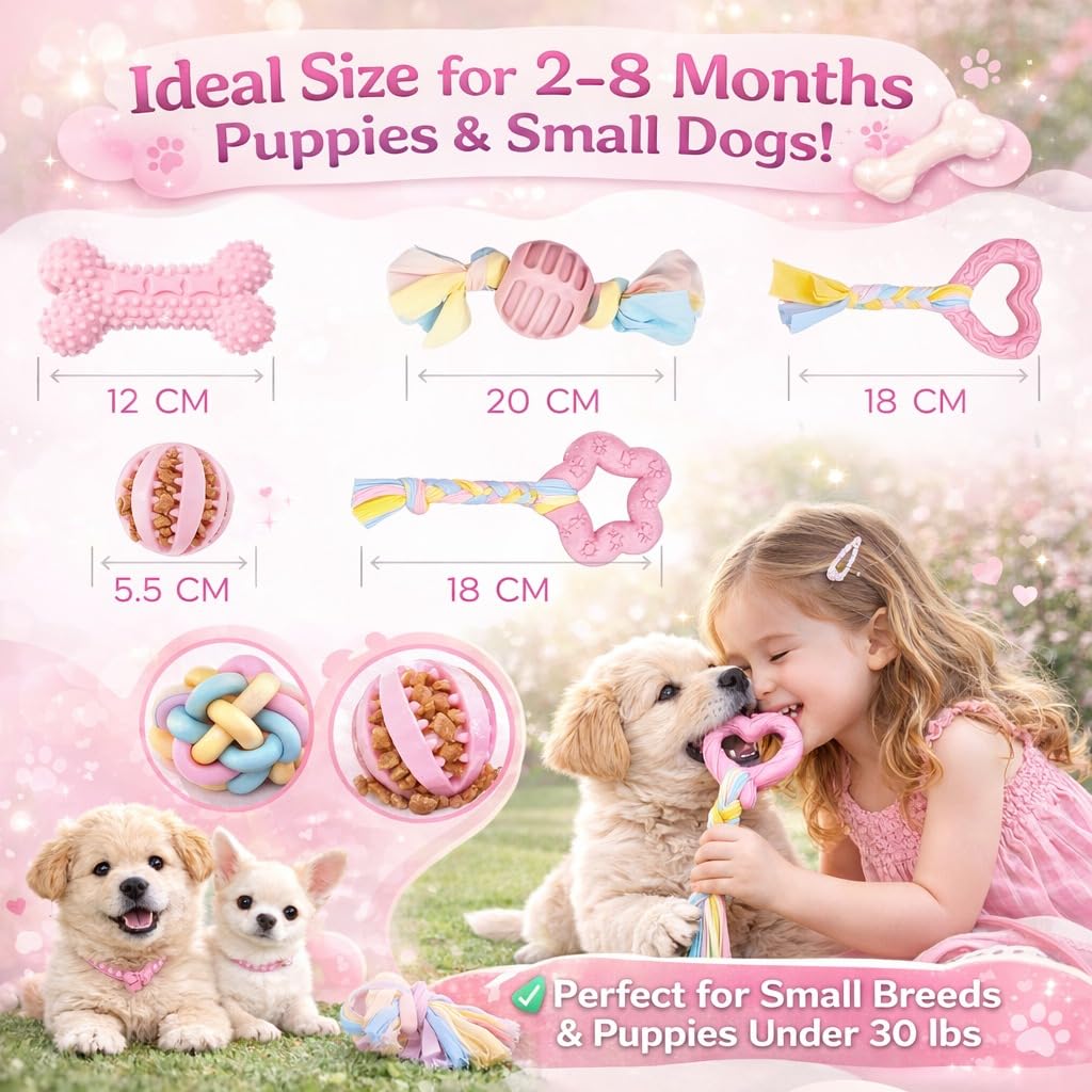 Paquete de 6 juguetes de dentición para cachorros, juguetes para perros pequeños para razas pequeñas, bonitos juguetes masticables de goma rosa, esenciales para cachorros, el mejor cumpleaños