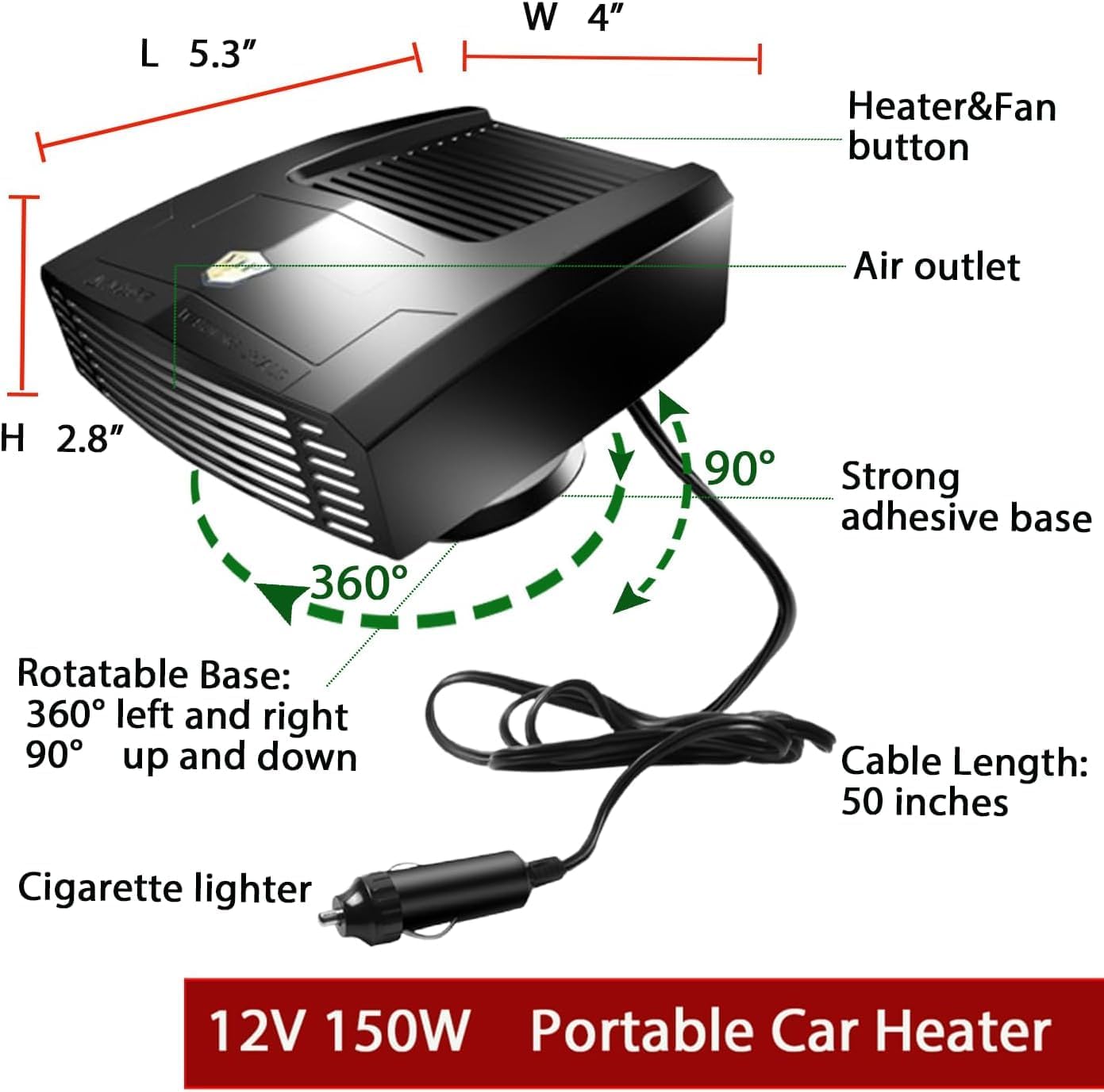 12V Protable Car Heater, 150W Windshield Defroster Defogger