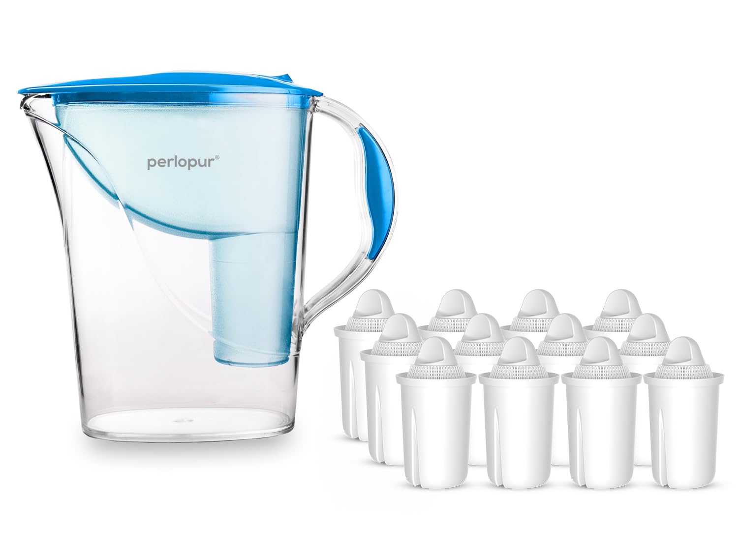 PearlCo - Filtr do wody Standard (niebieski) z 12 wkładami filtrującymi Classic - pasuje do Brita Classic