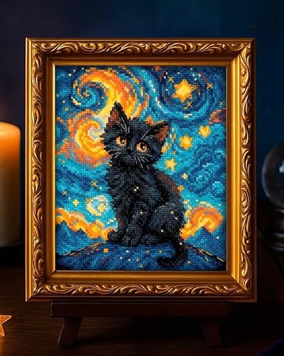 RIOLIS - Kit de point de croix chat étoilé 2288, 15,2 x 17,8 cm, kits de point de croix chat pour débutants et avancés, kit de broderie au point de croix pour adultes, kit de broderie au point de