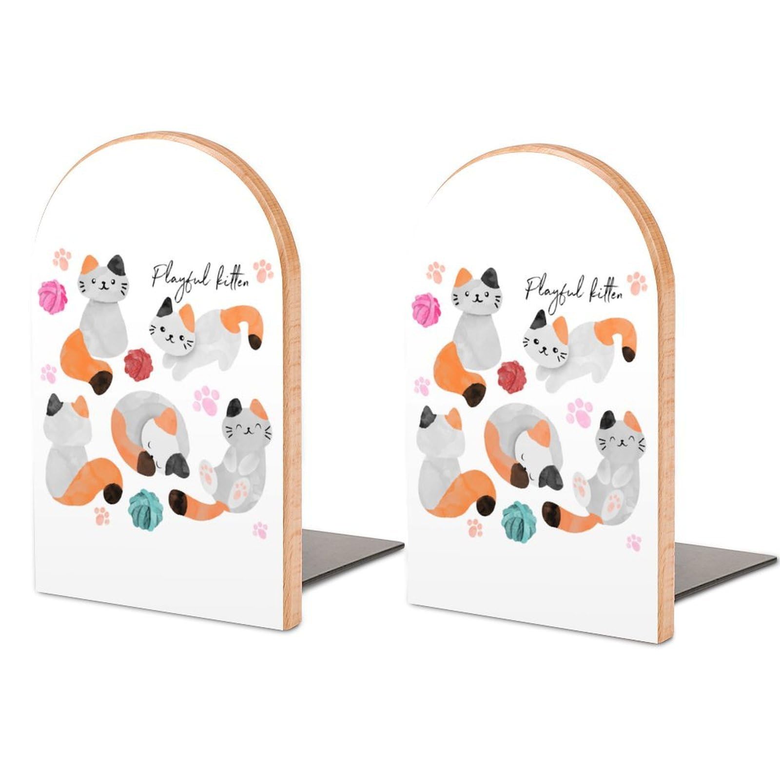 Watercolor Cats Book Ends Wood Non-Slip Books Stand Book Holders Book Stopper Organizer for Shelves Home Office
