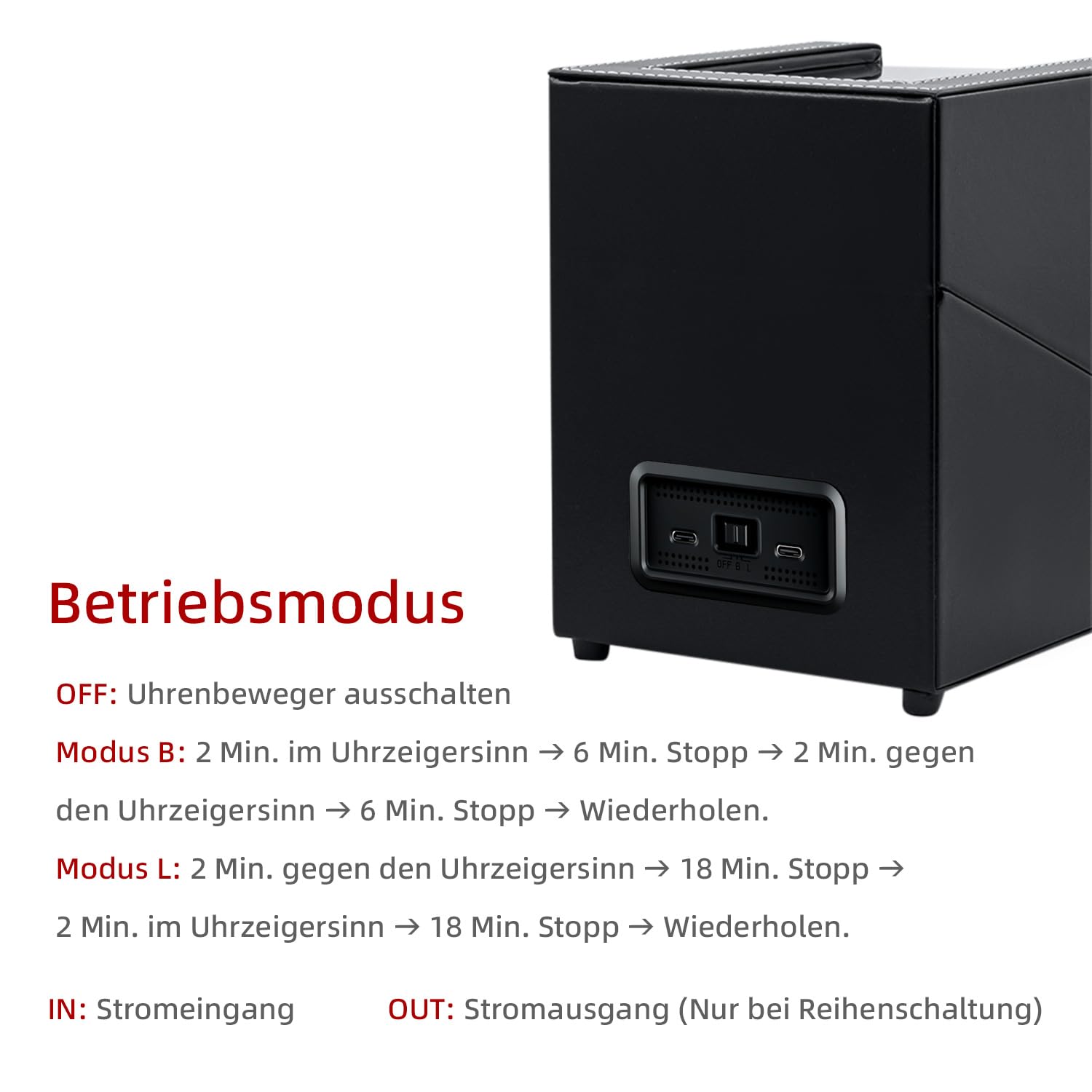 Mcbazel Uhrenbeweger 2 Uhren, Watch Winder für Herren und Damen USB-C Aufladung Uhrenbeweger Automatik TPD 970-2430 Zwei Wickelschwingmodi für Automatikuhren PU Leder - Schwarz
