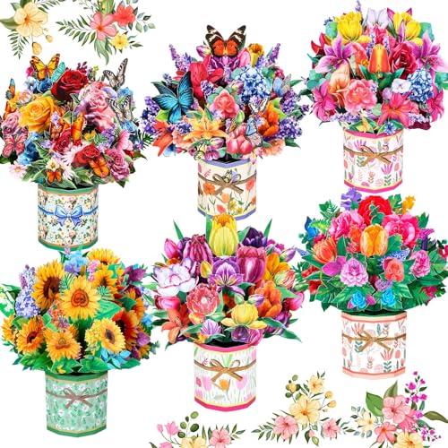 shynek 6 Pack Paper Flower Pop Up Cards, Flower Bouquet