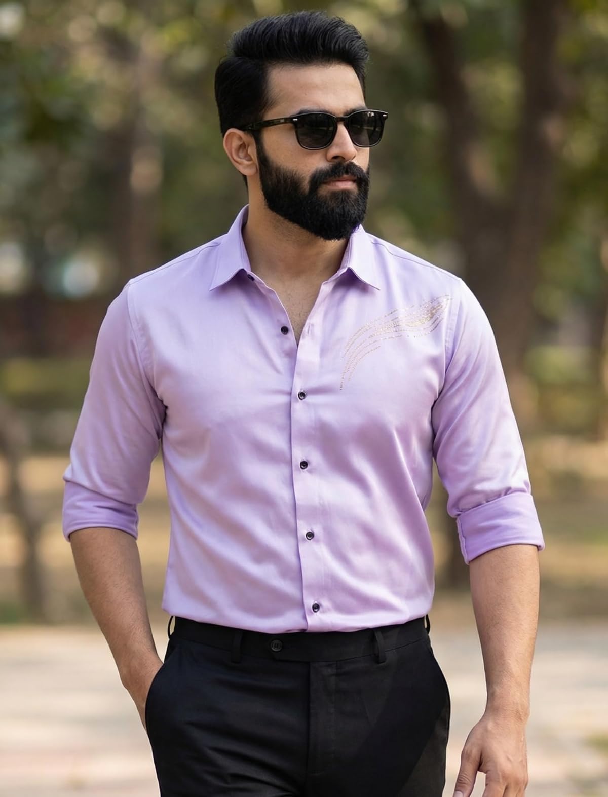 IndoPrimo Elegante camisa de satén para hombre, corte normal, estilo casual, estilo de diseñador, trabajo de piedra, fiesta, manga formal