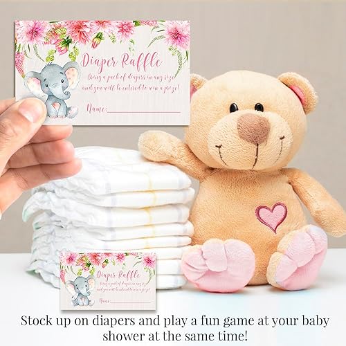Miniatura 3 de Acuarela Dahlia Floral Elefante Temático Boletos de la rifa para niña Baby Showers, 20 tarjetas de inserción de doble cara para juegos de