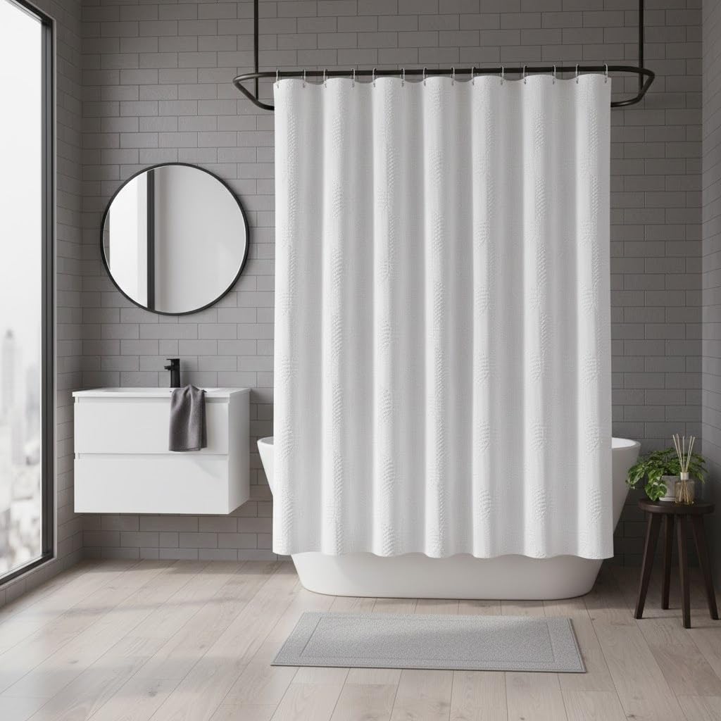 White Shower Curtain,3D Embossed Textured Fabric,Modern Farmhouse Design Bathroom Curtain with 12 Hooks,72x72 Inch