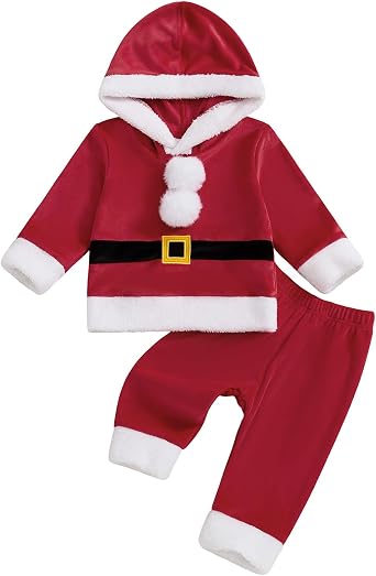 Yccutest Toddler Boy Girl Santa Outfit Kids Infant First Christmas Outfit Baby Hooded Sweatshirt and Pants Set Xmas Clothes