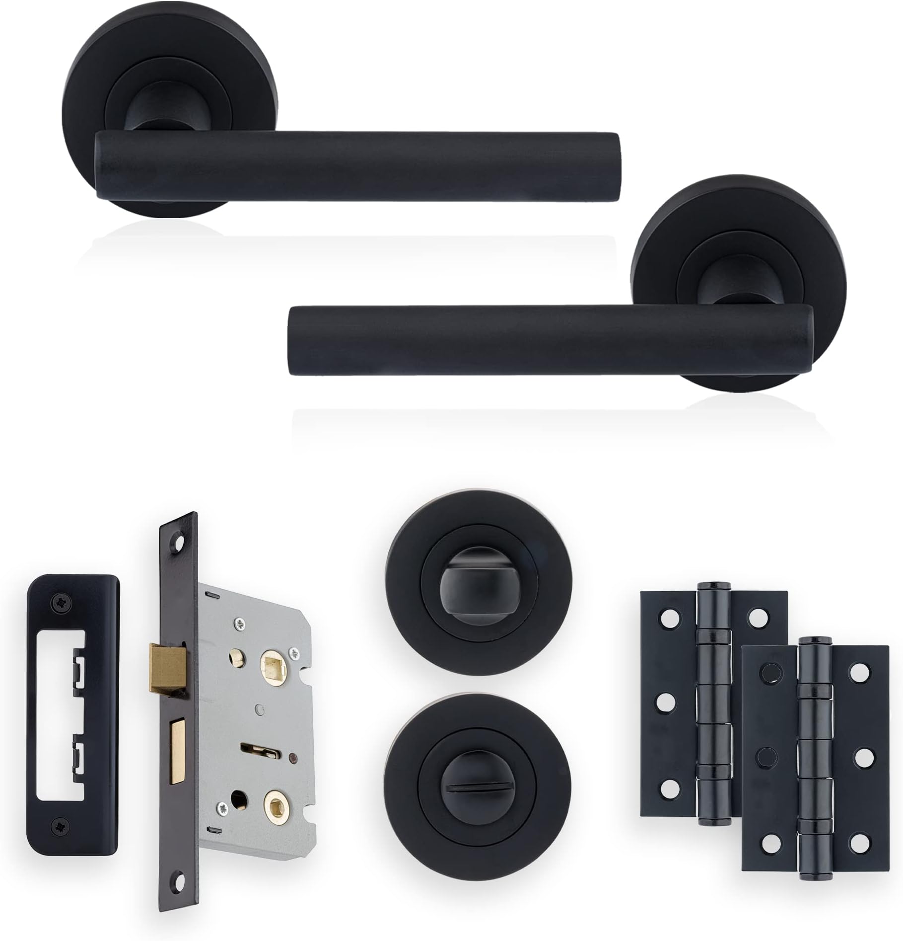 XFORT Matt Black Liberty Lever On Rose Bathroom Pack, Complete Set with T-Bar Handles, 65mm Privacy Lock, 75mm Ball Bearing Hinges and Thumb Turn & Release Set, for Internal Bathroom Doors