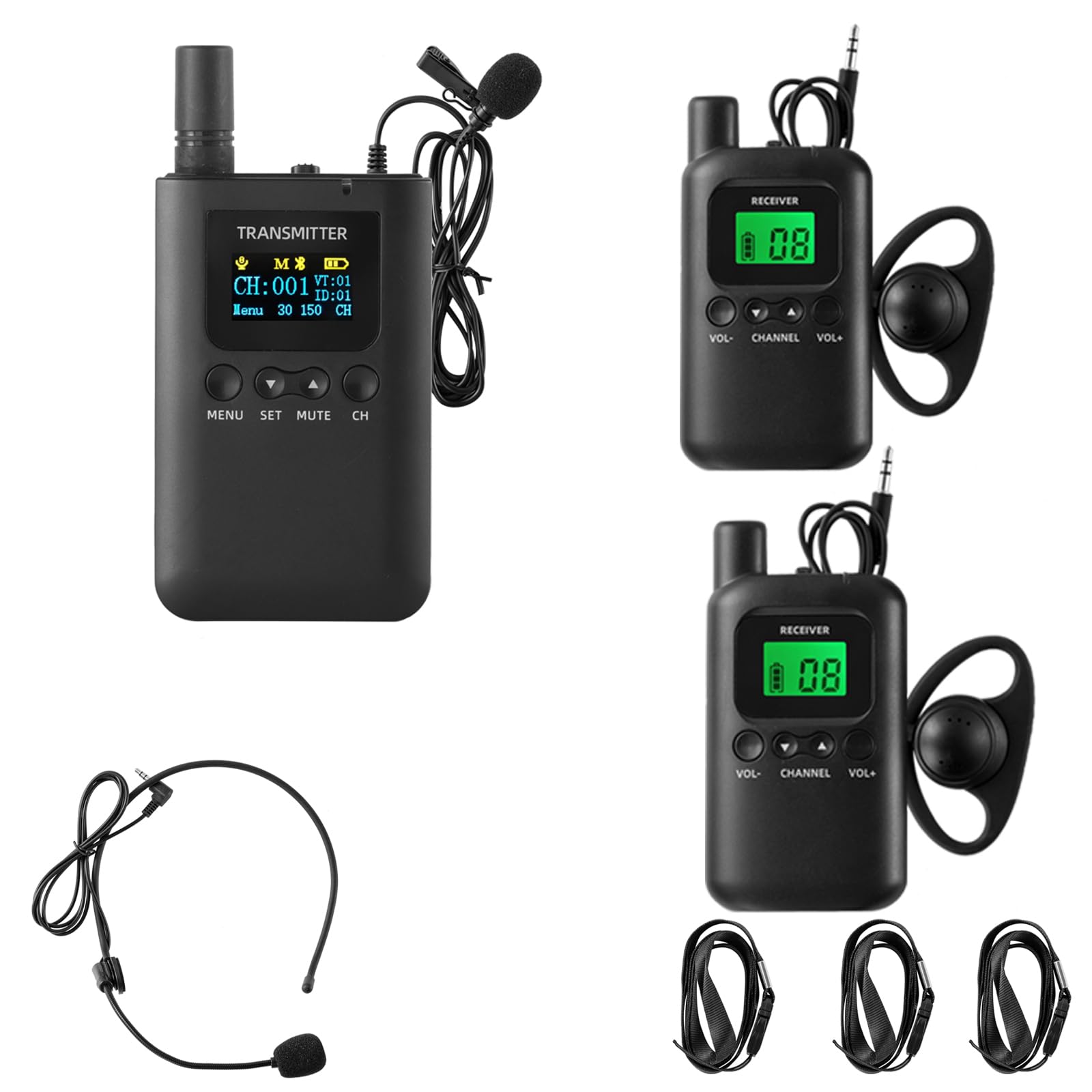 Wireless Tour Guide System,Long Range 200m/656ft,Upgraded Noise Reduction,Classic Style, 40H Long Battery,Upgraded Noise Reduction, for Court,Training,Interpreter (1 Transmitter 2 Receivers)