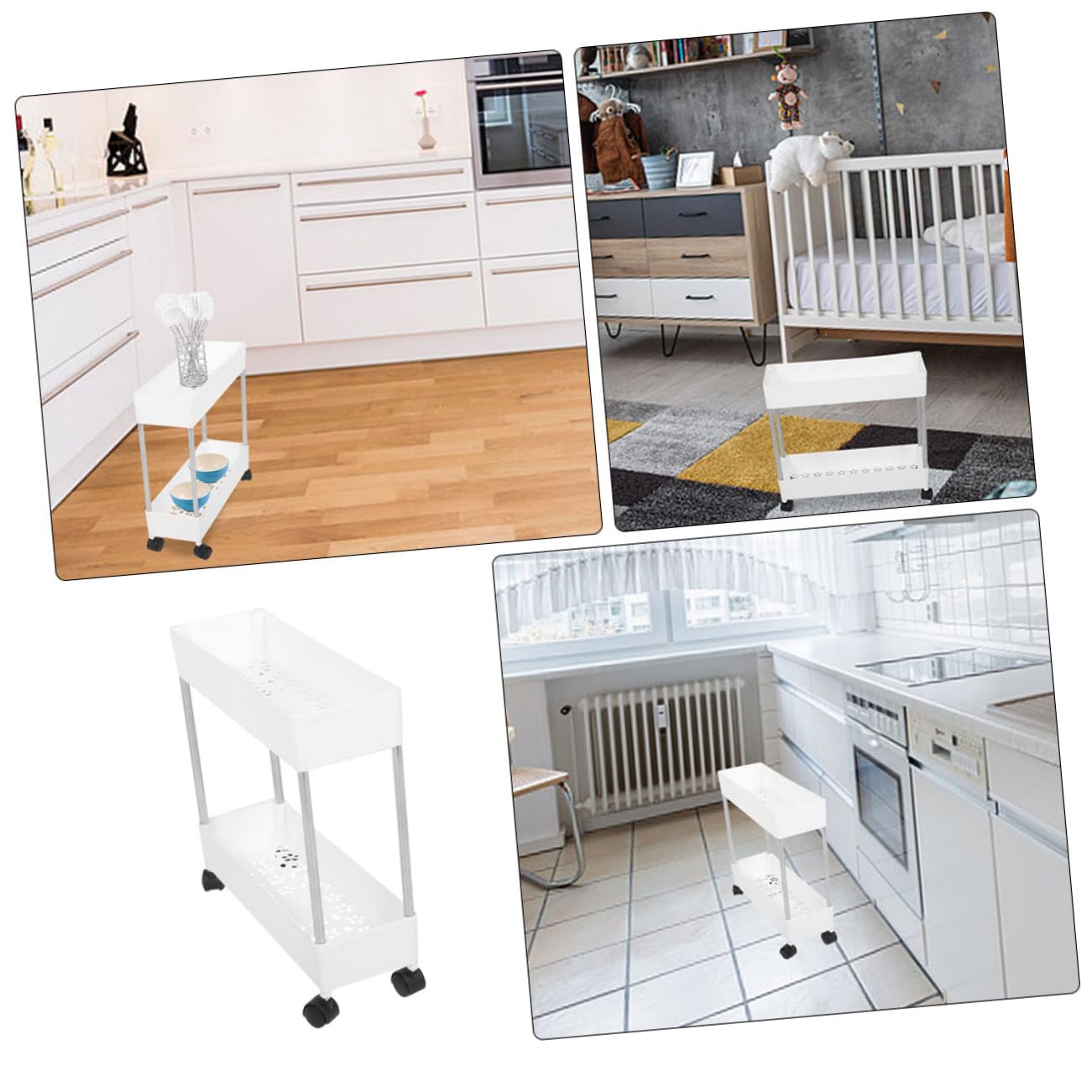Carrello Multiuso a 3 Livelli Bianco in Plastica e Ferro, Ruote, Salvaspazio, per Bagno e Lavanderia, Scaffale Mobile