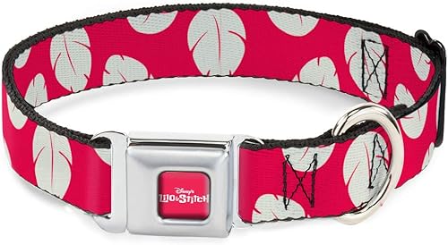 Buckle-Down Collar de perro hebilla de cinturón de seguridad Lilo Stitch Bounding Lilo vestido hojas rojo marfil 11 a 17 pulgadas 1.0 pulgadas de