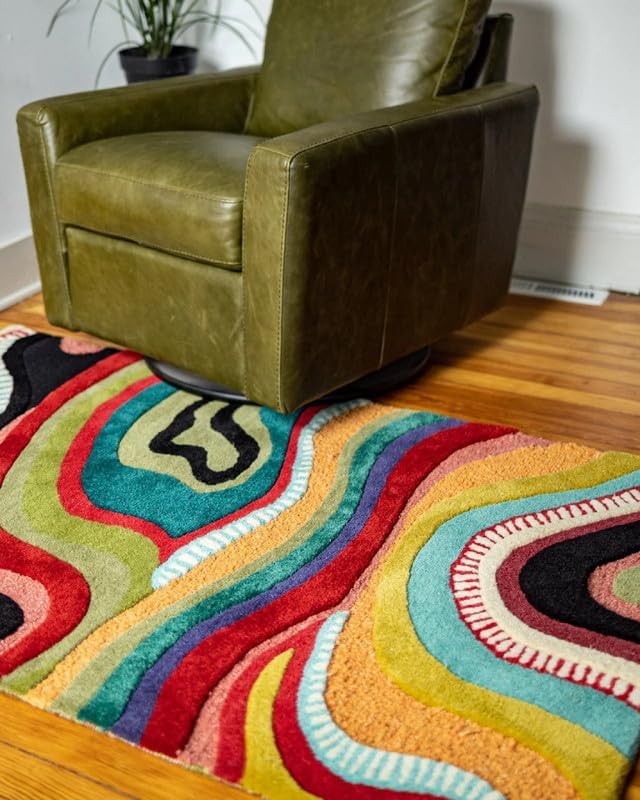 Modern Colorful Wave Abstract Area Rug Multicolor 9x12 ft | Hand Tufted Contemporary Living Room Carpet