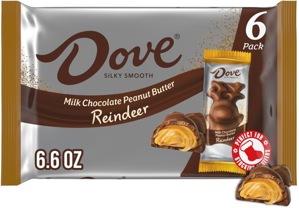 DOVE Milk Chocolate Peanut Butter Reindeer Christmas Chocolate Candy Bar, Christmas Candy Stocking Stuffers, 1.1 Oz (Pack of 6)
