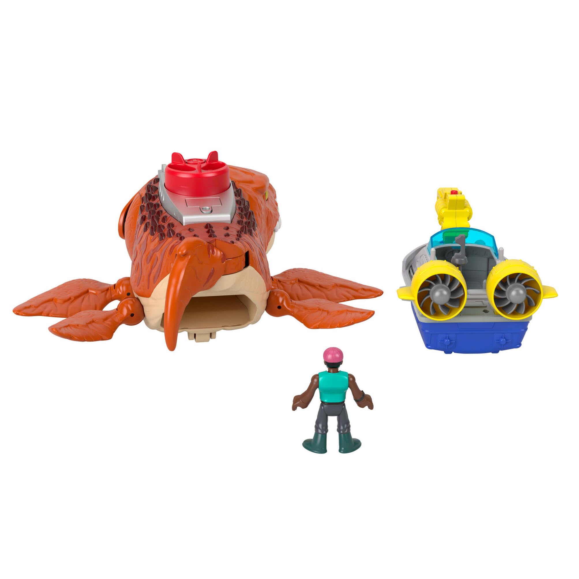 Fisher-Price Imaginext Jurassic World El Renacer, Mosasaurio persecución y mordiscos acuáticos Dinosaurio de juguete de 45 cm con figura de acción de 7,6 cm, lanzador, lancha y 2 proyectiles, JFR23
