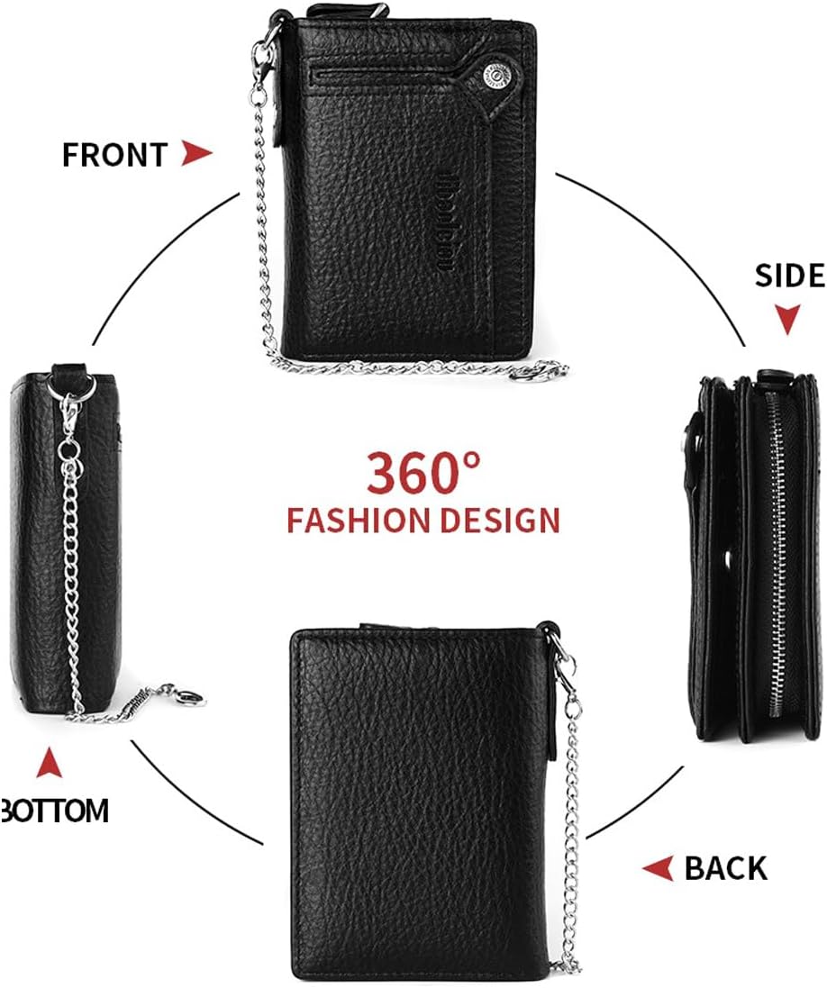 Wallet with Chain for Men Faux Leather Bifold Wallet Zipper Coin Pocket Purse Anti-Theft Chain Mens Gift - Image 3