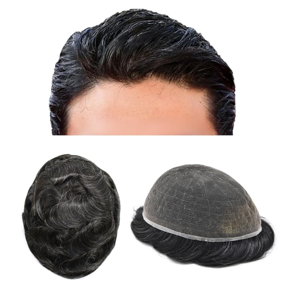 Hair Piece for Men Full French Lace Hair System for Men Toupee Human Hair Replacement System Bleached Knot Mens Hairpieces #1B20 1B# OFF BLACK+20% GREY 8x10 80% light density