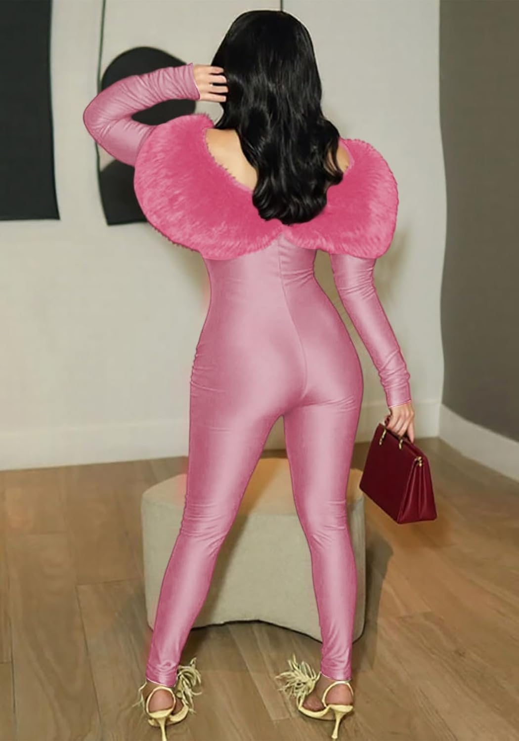 NRTHYE Womens Sexy Strapless One Piece Jumpsuits Faux Fur Neckline Hollow Out Satin Bodycon Romper Club Party Outfits - Image 4