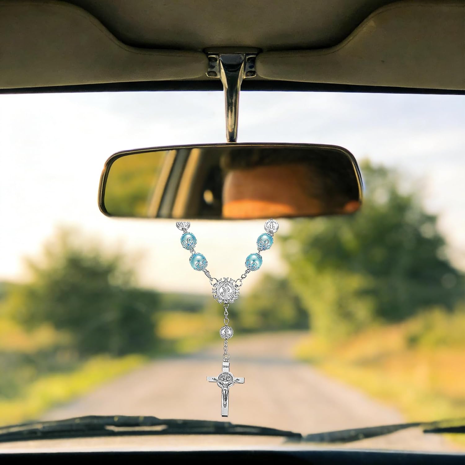 Car Rosary for Rearview Mirror, Catholic Rosary Auto Rearview Mirror Pendant with Cross, Personalized Blessing Beads Decor Interior Hanging Charm for Car Truck SUV Mirrors (Blue) image 4