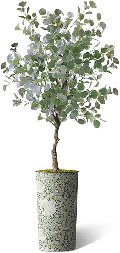 Árbol artificial en macetero con patrón de flores, eucalipto falso de seda para decoración del hogar en interiores y exteriores, altura total 66