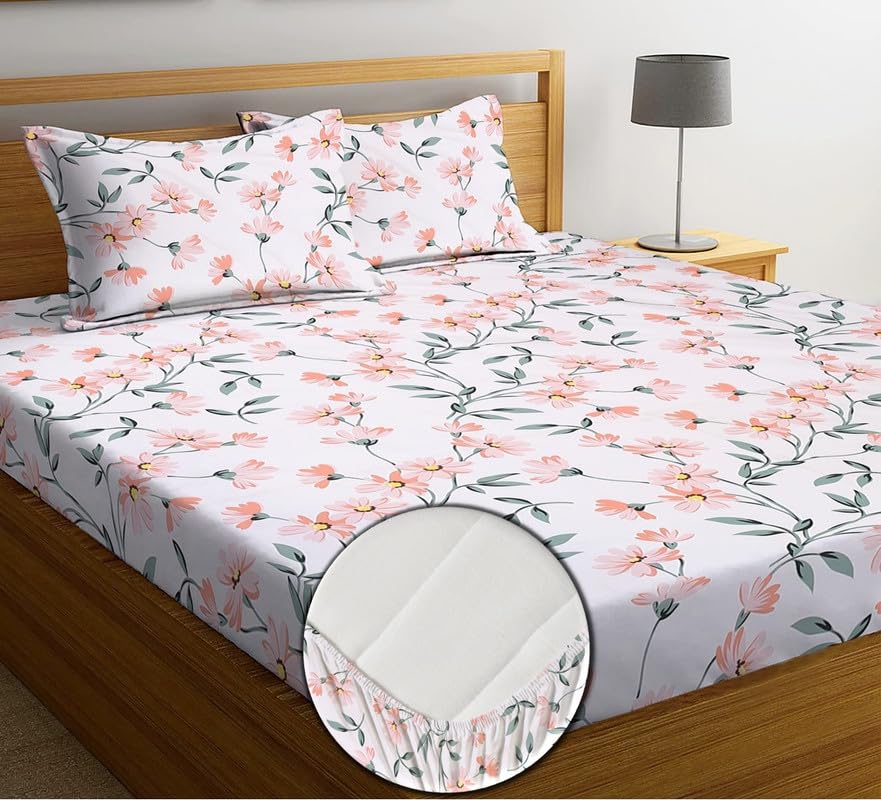 Cotton Perfect Fitted Bedsheets with 2 Pillow Covers | King Size| Double Bed with All Around Elastic 180 TC |Size-78" x 72" +10" | Floral (Multicolour, Green & White)-image-19