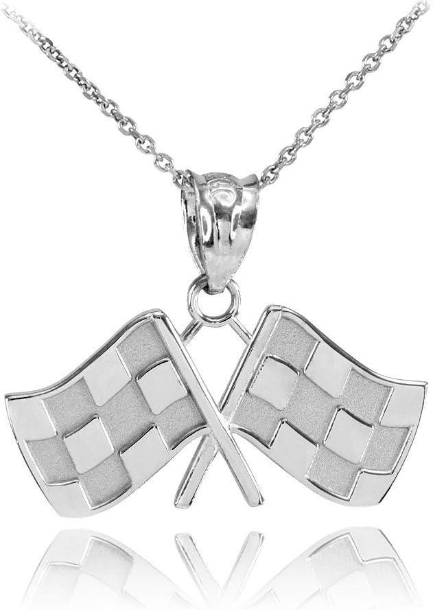 10k White Gold Racing Flags Charm Pendant Necklace
