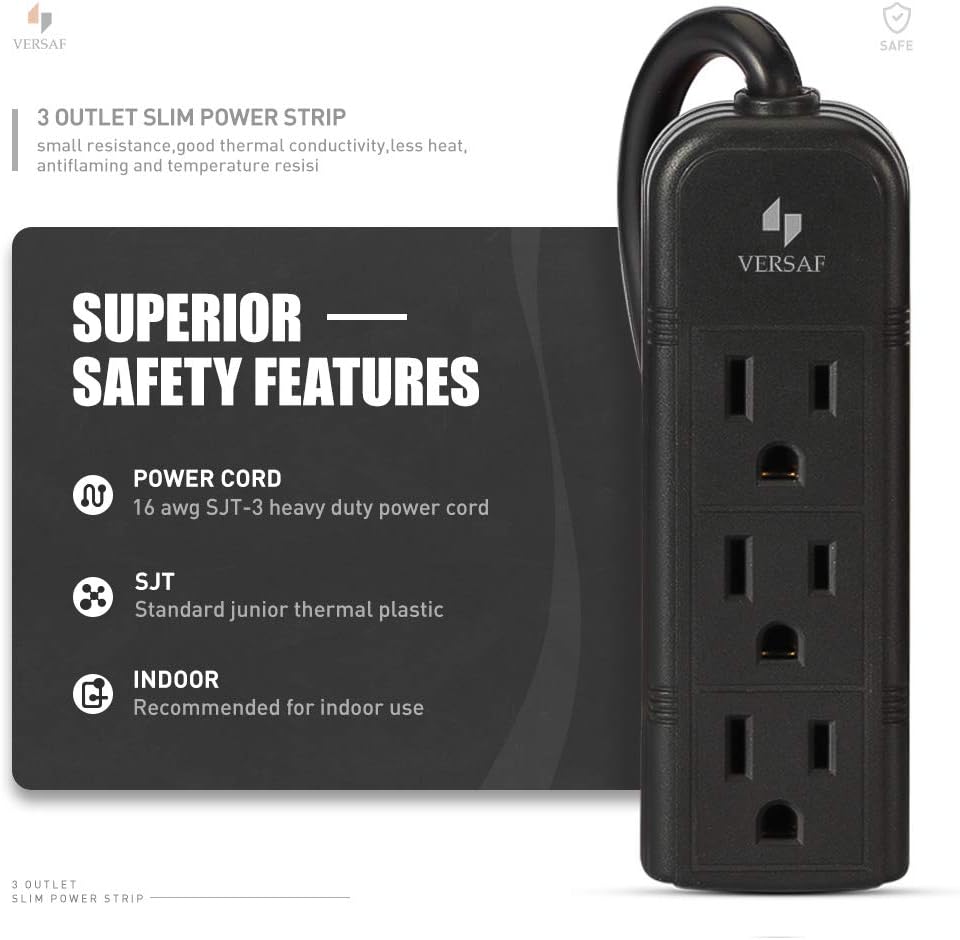 Mini 3-Outlet Power Strip, 1 Ft Braided Short Extension Cord, Small Black Outlet Strip, 3-Prong Grounded Plug, No Surge, Wall Mountable for Home, Office & Dorm Essentials, ETL Listed (13A/125V/1625W)