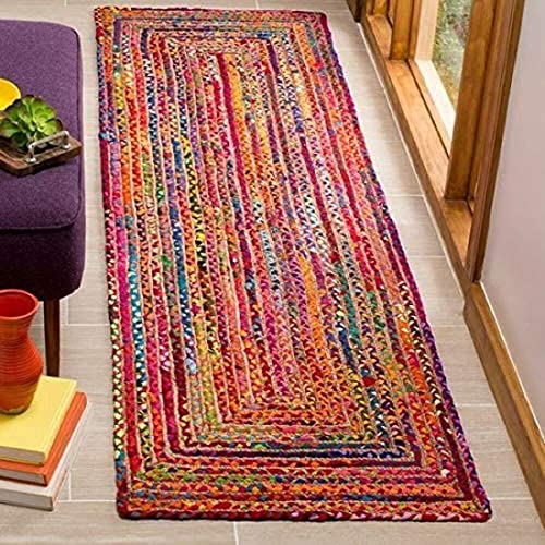 Image of Handmade Natural Jute Cotton Natural Fibers Floor /Door Mat Rugs Furnish Decor Striped Rectangular Design Carpet for Bedroom Living Room (JUTE004, 2x6-Runner)