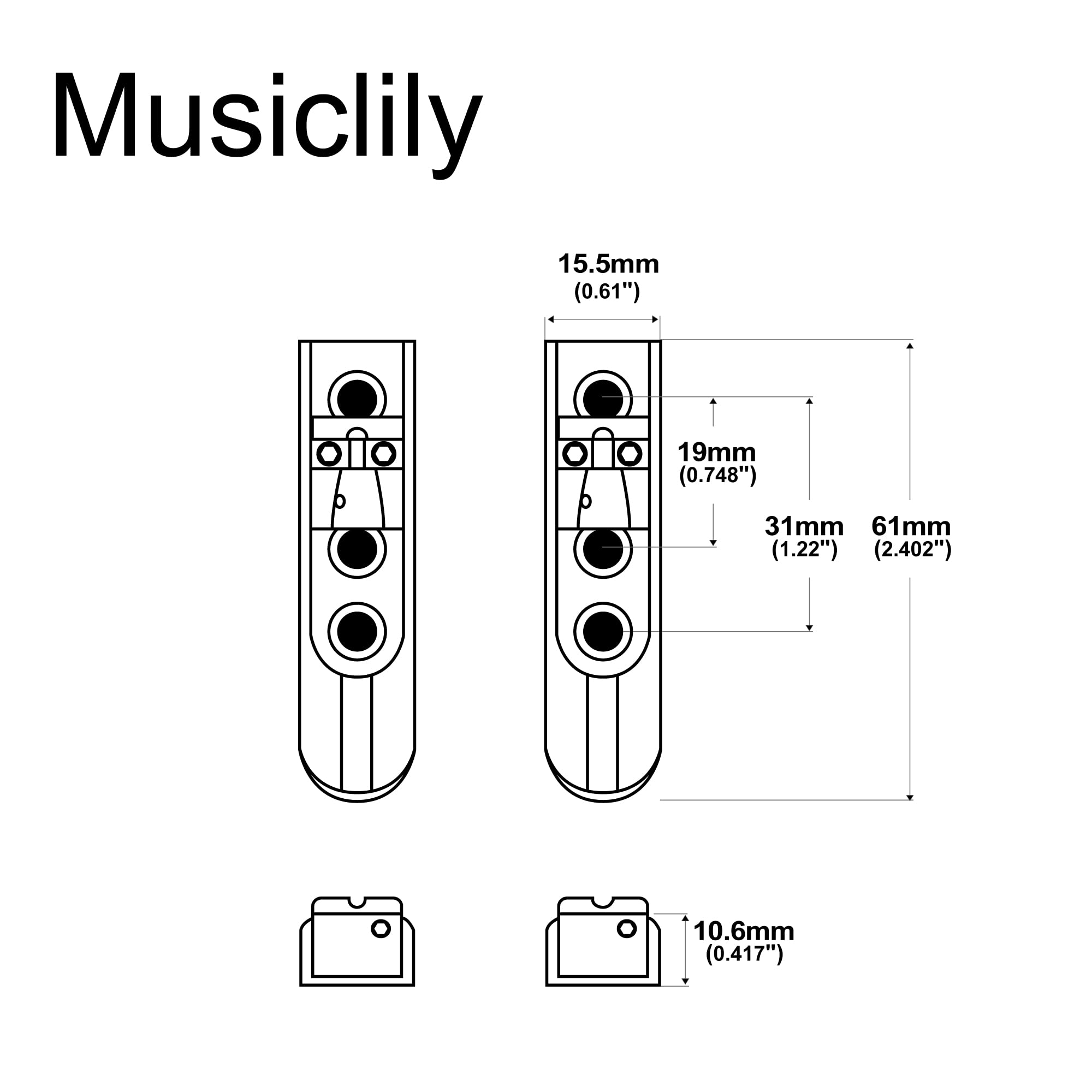 Musiclily Pro 15,5mm Chevalet Pontet Individuel Lock-Down Bridge pour Basse électrique 4 Cordes, Doré (Lot de 4)