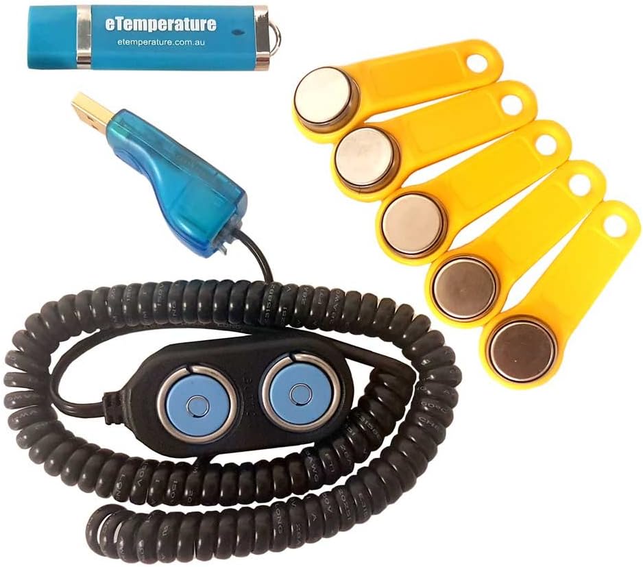 5-Pack Thermochron DS1921G Temperature Loggers with Fobs (Holders), iButton Reader with USB Connection, and eTemperature Software on USB