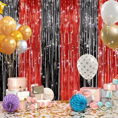 Image of 2 Pack Black and Red Foil Fringe Curtains Party Decorations, Tinsel Curtain Backdrop Streamers for Birthday Graduation Fiesta Stranger Theme Halloween Christmas Party Decors Supplies Door Streamers