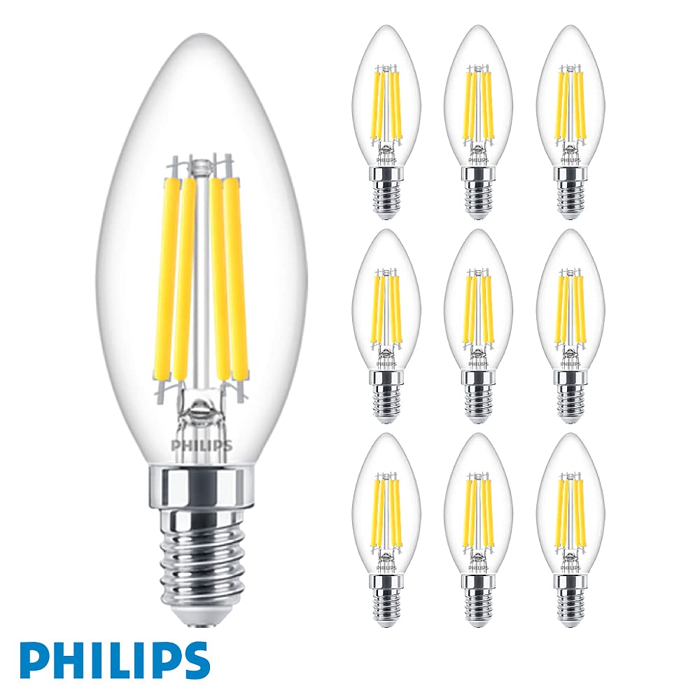 Philips Master Value LED 3,4 W (40 W Ersatz) B35 Filament Kerze, dimmbar, E14 SES kleine Edison-Schraube, 2700 K Warmweiß, 470 Lumen, 15000 Stunden, klare Lampe (1) [Energieklasse D] – 10 Stück