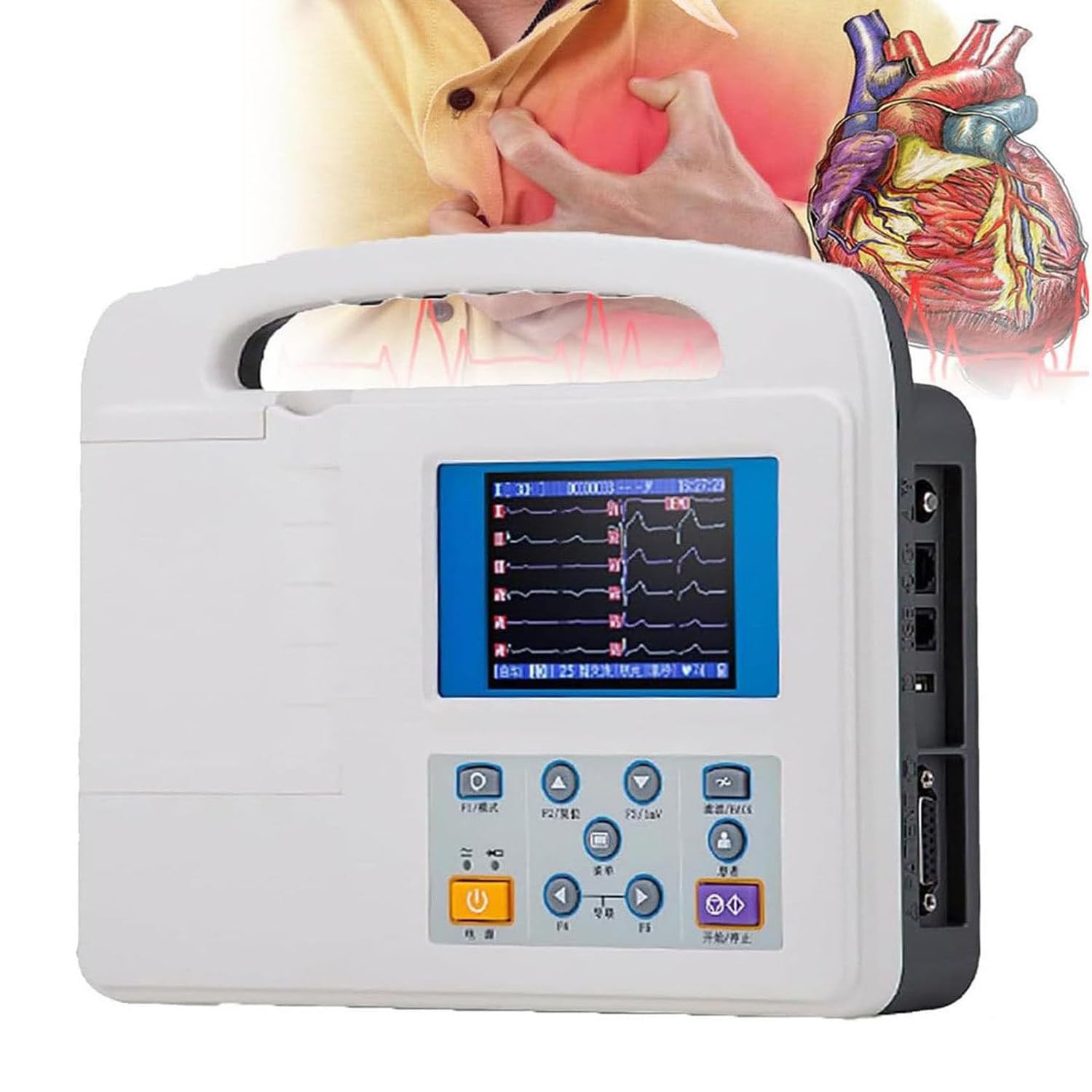 Elettrocardiografo per monitoraggio cardiaco, monitor ECG/EKG portatile con carta da stampa, dispositivo digitale LCD a colori da 3,5 pollici a 3 canali e 12 derivazioni, per l'igiene orale medica