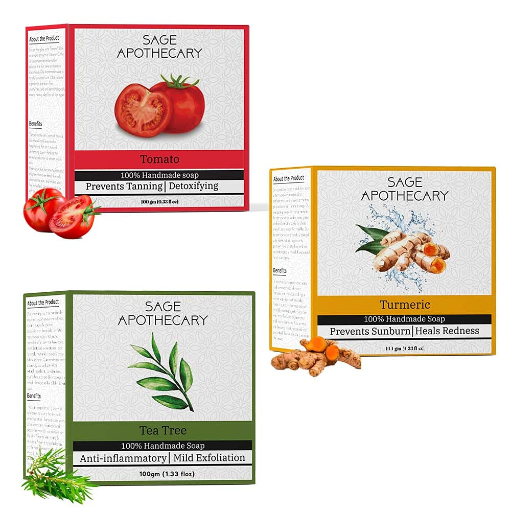Sage Apothecary 100% Natural Handmade Soaps Combo Beauty Gift Hamper|Turmeric Soap 100g, Tomato Soap 100g & Tea Tree Soap 100g Herbal Bath Soap|Organic Ingredients - 100g (Pack of 3)