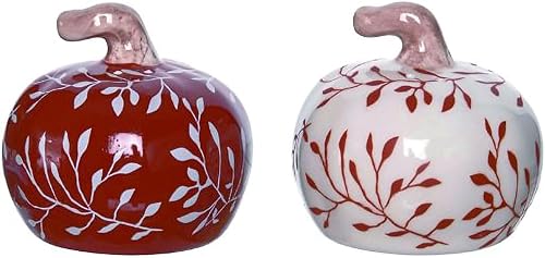 Transpac TH01118 Calabaza de cosecha de otoño con motivo de vid rojo y blanco 2.5 x 2.75 cerámica sal y pimentero conjunto