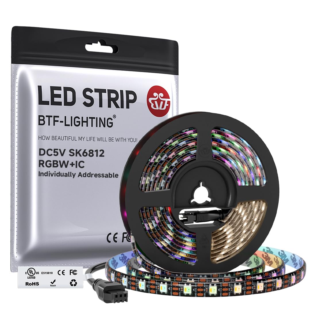 BTF-LIGHTING SK6812RGBW (WS2812B RGBW) RGB + bianco naturale Individualmente indirizzabile 5m 60 LED/pixel/m Flessibile 4 colori in 1 LED sogna colorato Striscia LED IP65 impermeabile DC5V PCB nero