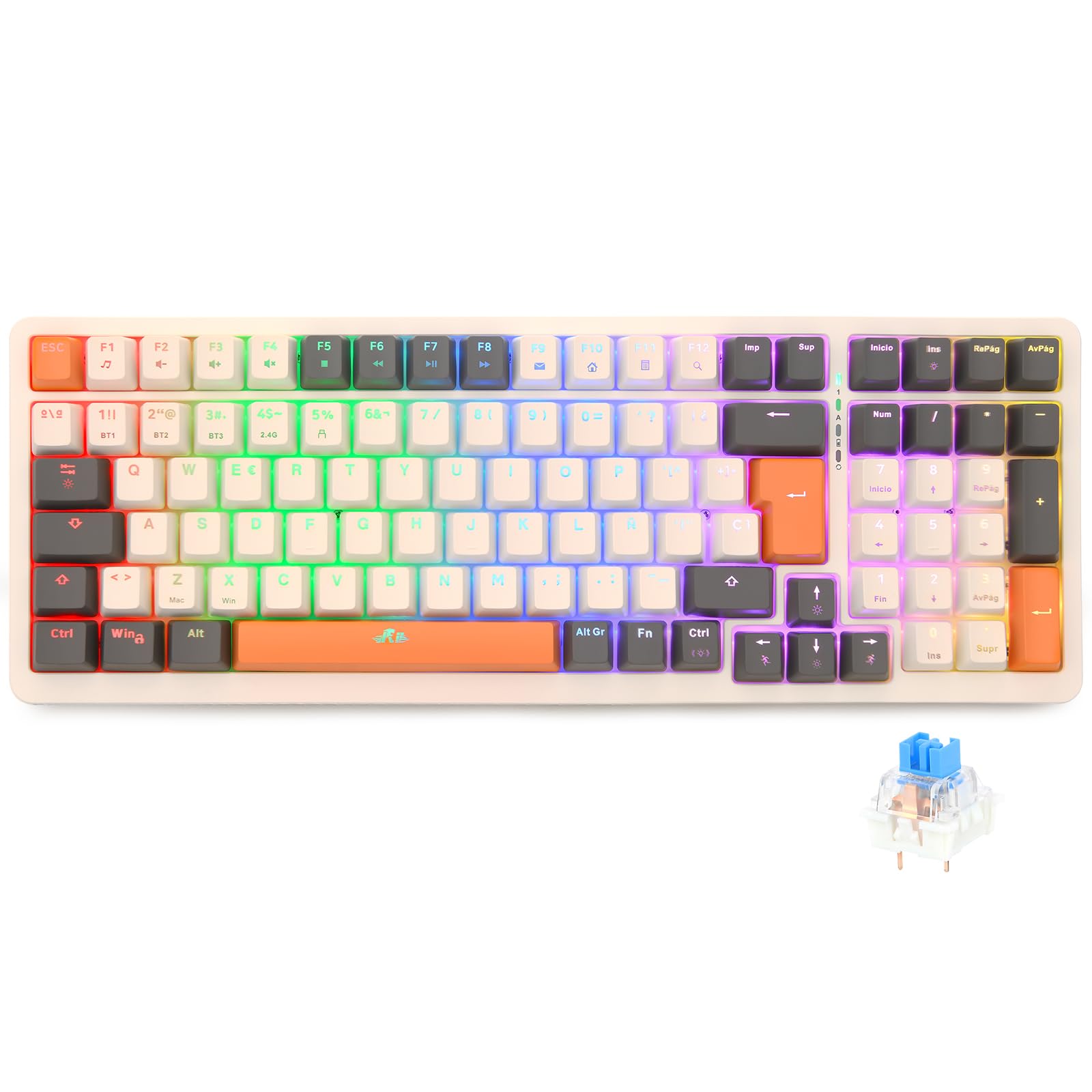 Rii RK909 96% Mechanical Gaming Keyboard, 3 Connectivity Modes, LED Backlight, Spanish Layout (Blue Switches)