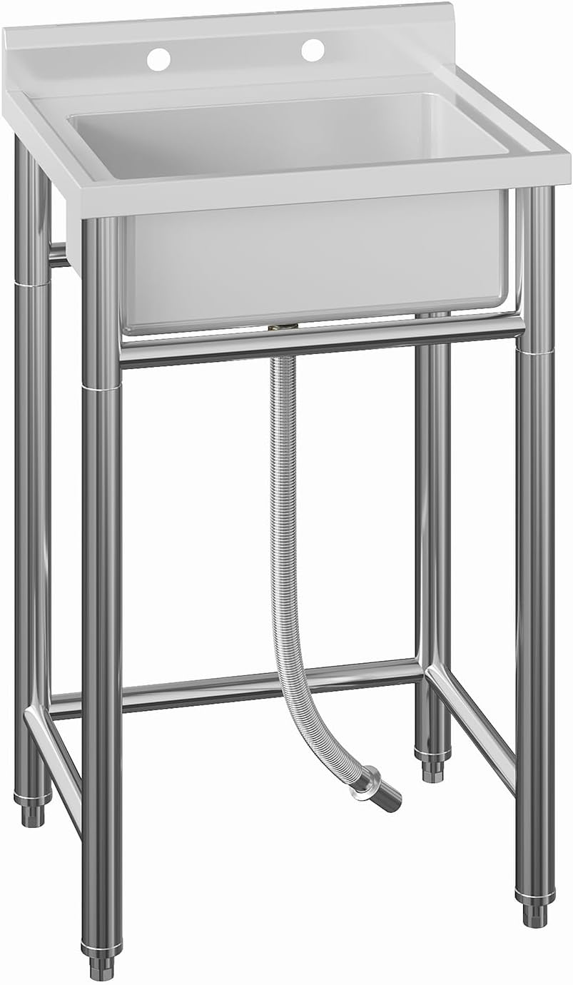 Stainless Steel Commercial Kitchen Sink with Pull Down Faucet,Single Bowl Freestanding Sink, Indoor and Outdoor Sink, Commercial Grade for Residential & Light Commercial Use,21 * 21 * 33inch